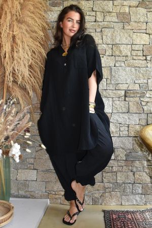 Tasha Cushion Cotton Oversized Shirt Tunic Black